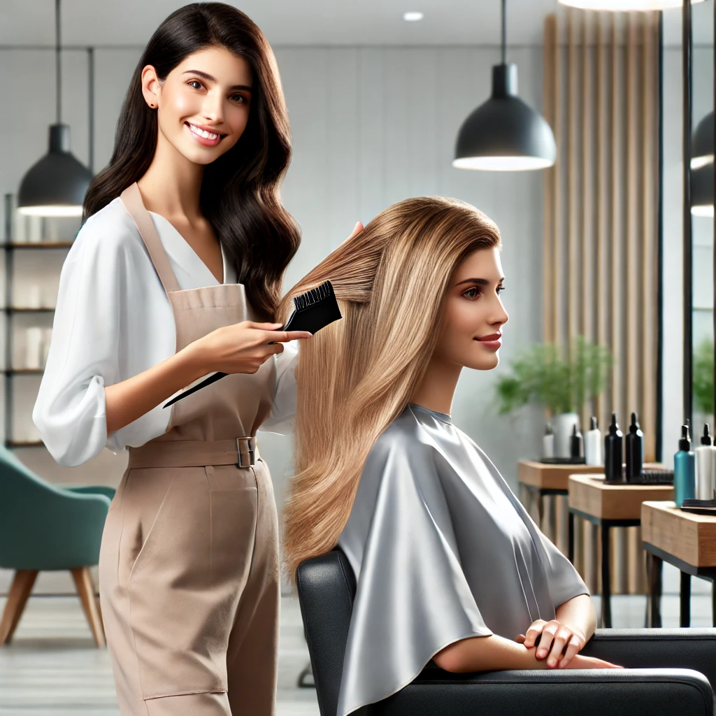 DALL·E 2024-12-02 12.03.02 - A professional and realistic image of a hairstylist, Ana Aldaraví, working in a modern, stylish hair salon. Ana is performing a hair color transformat